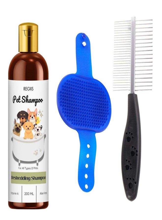 مجموعة شامبو وعناية بالحيوانات الأليفة، شامبو لإزالة الشعر الزائد مع فيتامين أ والصبار، 200 مل، فرشاة سيليكون زرقاء، أداة احترافية للعناية بالكلاب (عبوة من 3 قطع) - Image 1